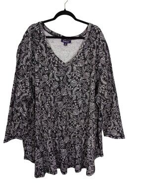 Roamans Thermal Tunic Black & White Paisley 4X 34/36 Plus Size V-Neck Womens